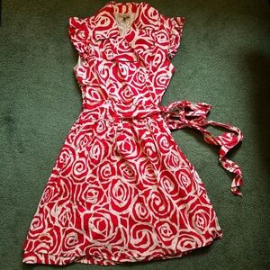 Vintage Red White Rose Floral Sleeveless Wrap Dress Ruffle 90s 50s Retro M L